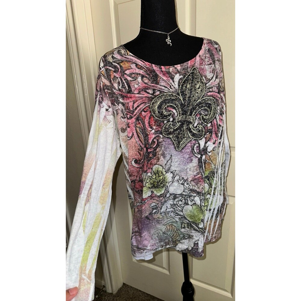 Lane Bryant y2k LONG SLEEVE FLEUR DE LIS W/WINGS &RHINESTONES mcbling top size1x - Picture 8 of 9